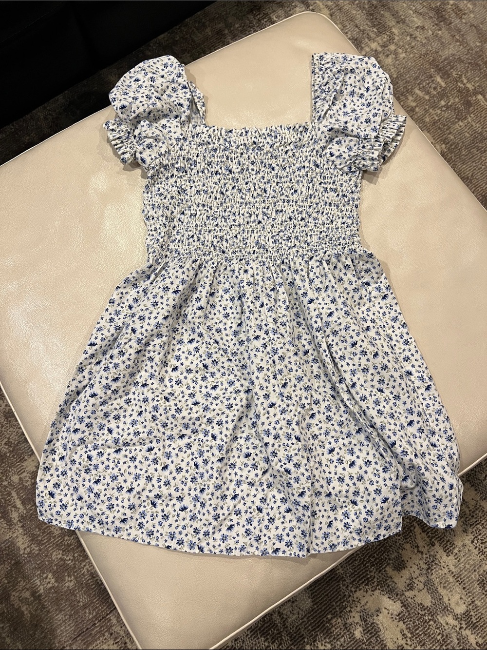 White and Blue Floral Smocked women’s Dress